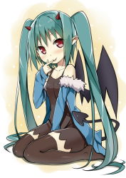 Rule 34 | 1girl, black thighhighs, demon girl, demon tail, green hair, hatsune miku, horns, long hair, pointy ears, red eyes, sitting, sky-freedom, solo, tail, thighhighs, twintails, very long hair, vocaloid, wariza, zettai ryouiki