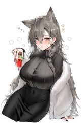 Rule 34 | 1girl, animal ear fluff, animal ears, arknights, arm support, black skirt, black sweater, blush, braid, breasts, brown eyes, covered navel, cup, drunk, extra ears, grey hair, hair behind ear, hair ornament, hairclip, high-waist skirt, highres, holding, holding cup, horn/wood, jacket, large breasts, long hair, looking at viewer, mole, mole on forehead, off shoulder, official alternate costume, parted lips, penance (arknights), penance (occasionally flushed) (arknights), ribbed sweater, simple background, sitting, skirt, solo, squeans, sweater, white background, white jacket, wolf ears, wolf girl