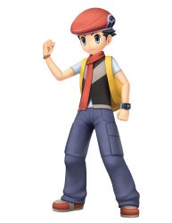 Rule 34 | 3d, absurdres, artist request, beret, black hair, black vest, blue pants, bracelet, clenched hands, closed mouth, creatures (company), full body, game freak, grey eyes, hand up, happy, hat, highres, jewelry, lucas (pokemon), male focus, nintendo, official art, outline, pants, poke ball symbol, poke ball theme, pokemon, pokemon bdsp, red footwear, red hat, red scarf, scarf, shirt, shoes, short hair, short sleeves, simple background, smile, solo, standing, third-party source, transparent background, vest, watch, white outline, white shirt, wristwatch