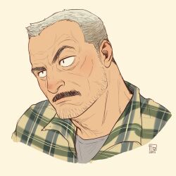 Rule 34 | 1boy, aaron gruber (o natsuo88), bara, beard stubble, facial hair, facial scar, gingham shirt, grey hair, grey shirt, highres, looking to the side, male focus, mature male, mustache, o natsuo88, old, old man, original, portrait, receding hairline, scar, scar on cheek, scar on face, scowl, shirt, short hair, solo, stubble, thick eyebrows, thick mustache, wrinkled skin, yellow background
