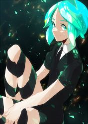 Rule 34 | 1other, azuumori, black necktie, black shirt, closed mouth, collared shirt, commentary, from side, green eyes, green hair, houseki no kuni, looking at viewer, looking to the side, necktie, other focus, phosphophyllite, puffy short sleeves, puffy sleeves, shirt, short sleeves, sideways glance, sitting, smile, solo, white shirt, wing collar