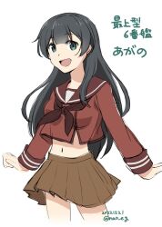 Rule 34 | 1girl, agano (kancolle), black hair, brown neckerchief, brown sailor collar, brown serafuku, brown skirt, commentary request, cosplay, cowboy shot, dated, dress, green eyes, japan maritime self-defense force, japan self-defense force, js agano (ffm-6), kantai collection, long hair, midriff, mikuma (kancolle), mikuma (kancolle) (cosplay), military, nao (nao eg), navel, neckerchief, open mouth, pleated dress, pleated skirt, sailor collar, school uniform, serafuku, simple background, skirt, smile, solo, standing, twitter username, white background