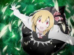 Rule 34 | 1girl, blonde hair, bwell, fang, from above, grass, hair ribbon, head tilt, long sleeves, looking at viewer, open hand, open mouth, outstretched arms, petals, red eyes, ribbon, rumia, short hair, skirt, skirt set, solo, spread arms, touhou