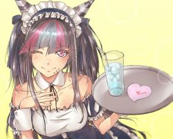 Rule 34 | 1girl, alternate costume, bare shoulders, black hair, breasts, commentary request, cup, danganronpa (series), danganronpa 2: goodbye despair, drinking glass, drinking straw, enmaided, hair horns, hand on own chest, heart, highres, holding, holding plate, jewelry, long hair, looking at viewer, maid, maid headdress, medium breasts, mioda 69ch, mioda ibuki, multicolored hair, one eye closed, piercing, pink eyes, pink hair, plate, smile, solo, upper body, very long hair, white hair, wrist cuffs