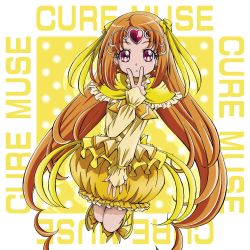 Rule 34 | 10s, 1girl, boo (takagi), boots, bow, brown hair, bubble skirt, character name, circlet, cure muse, cure muse (yellow), earrings, frills, full body, hair bow, heart, highres, jewelry, knee boots, long hair, looking at viewer, polka dot, polka dot background, precure, red eyes, shirabe ako, skirt, solo, suite precure, twintails, v, yellow background, yellow bow, yellow footwear, yellow skirt