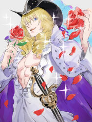 1boy abs bare_pectorals blonde_hair blue_eyes cape cavendish commentary_request cowboy_shot drill_hair flower hat_feather high_collar highres holding holding_flower long_hair male_focus mocchi_(mkz) one_eye_closed one_piece pectorals red_flower red_rose rose shirt simple_background smile solo sparkle white_cape white_shirt