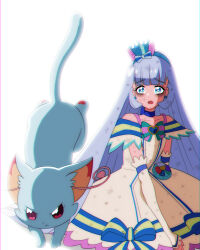 Rule 34 | @est@, animalization, arched crown, blue crown, bow, brooch, cat, commentary request, crown, crown earrings, dirty, dress bow, earrings, hat ornament, heart, heart brooch, heart hat ornament, highres, jewelry, landing, mini crown, multicolored bow, nekoyashiki mayu, nekoyashiki yuki, pact holder, pink wrist cuffs, pointed crown, precure, purple wrist cuffs, role reversal, scene reference, simple background, white fur, wonderful precure!, wrist cuffs