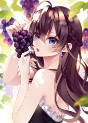 Rule 34 | 1girl, bare arms, bare shoulders, blue eyes, braid, brown hair, commentary request, earrings, fingernails, food, frills, from side, fruit, grapes, highres, holding, holding food, holding fruit, ichinose shiki, idolmaster, idolmaster cinderella girls, jewelry, lipstick, long fingernails, long hair, looking at viewer, looking to the side, makeup, nail polish, parted lips, pink nails, purple lips, sasakichi (ssk chi), sleeveless, solo, upper body