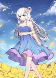Rule 34 | 1girl, bad id, bad pixiv id, bare arms, bare shoulders, blacktheif, blue dress, blue eyes, breasts, collarbone, day, dress, flower, hair flower, hair ornament, highres, large breasts, long hair, looking at viewer, original, outdoors, pink flower, sky, sleeveless, sleeveless dress, smile, solo, strapless, strapless dress, white hair, yellow flower