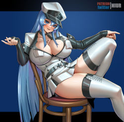Rule 34 | 1girl, akame ga kill!, artist name, blue eyes, blue hair, blush, boots, breasts, chair, chest tattoo, choker, cleavage, commentary, commentary request, english commentary, esdeath, hair between eyes, hat, large breasts, long hair, long sleeves, looking at viewer, military, military uniform, mixed-language commentary, niur, open mouth, peaked cap, sitting, smile, solo, tattoo, thigh boots, thighhighs, uniform