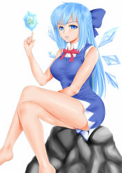 Rule 34 | 1girl, bad id, bad nicoseiga id, blue hair, cirno, cirno-nee, frog, frozen, frozen frog, highres, crossed legs, long hair, aged up, sitting, solo, touhou