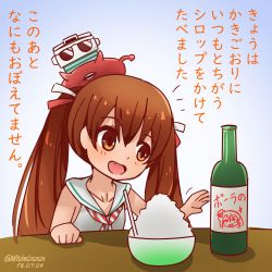 Rule 34 | 1girl, bottle, brown eyes, brown hair, dark-skinned female, dark skin, enemy lifebuoy (kancolle), food, highres, kantai collection, libeccio (kancolle), mitchell (dynxcb25), neckerchief, shaved ice, shirt, sleeveless, solo, twintails, white shirt