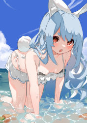 Rule 34 | 1girl, absurdres, all fours, alternate costume, alternate hairstyle, animal ear fluff, animal ears, bare legs, bikini, bikini skirt, blue hair, blue sky, blush, breasts, carrot, cloud, cloudy sky, commentary, day, downblouse, feet out of frame, frilled bikini, frills, hair down, halterneck, highres, hololive, light blue hair, long hair, looking at viewer, multicolored hair, ocean, open mouth, outdoors, partially submerged, rabbit ears, rabbit girl, rabbit tail, side-tie bikini bottom, sky, small breasts, solo, swimsuit, tail, takeno omoti, thick eyebrows, two-tone hair, usada pekora, virtual youtuber, wet, white bikini, white hair