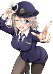 Rule 34 | &gt;;d, 10s, 1girl, ;d, alternate costume, aqua eyes, badge, belt, black necktie, black pantyhose, blue eyes, blue hat, blue necktie, blue skirt, blush, breasts, brown hair, chain, collared shirt, cuffs, eyebrows, female service cap, foreshortening, handcuffs, hat, holding, leaning forward, leg up, long sleeves, looking at viewer, love live!, love live! school idol festival, love live! sunshine!!, medium breasts, necktie, one eye closed, open mouth, pantyhose, pointing, pointing at viewer, police, police hat, police uniform, policewoman, shirt, short hair, silver hair, simple background, skirt, smile, solo, suzume miku, teeth, thighs, uniform, v-shaped eyebrows, watanabe you, white background, white shirt