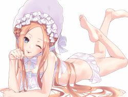 Rule 34 | 1girl, ;p, abigail williams (fate), abigail williams (swimsuit foreigner) (fate), abigail williams (swimsuit foreigner) (third ascension) (fate), barefoot, blonde hair, blue eyes, fate/grand order, fate (series), feet, forehead, highres, long hair, lying, on stomach, one eye closed, persimmon2, simple background, soles, solo, swimsuit, the pose, toes, tongue, tongue out, white background