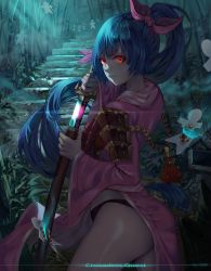 Rule 34 | 1girl, artist name, ass, bamboo, bamboo forest, black panties, blue hair, commentary request, copyright name, crusaders quest, forest, from side, glowing, glowing eyes, hair ribbon, highres, holding, holding sword, holding weapon, japanese clothes, katana, kimono, long hair, looking at viewer, nature, outdoors, panties, pink kimono, pink ribbon, ponytail, red eyes, ribbon, solo, stairs, sword, tagme, underwear, very long hair, wangxiii, weapon, wide sleeves
