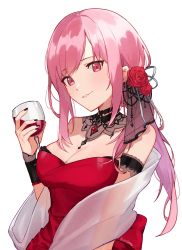 Rule 34 | 1girl, black nails, breasts, cleavage, commentary, cup, detached collar, dress, drinking glass, english commentary, flower, hair flower, hair ornament, hand up, highres, holding, holding cup, hololive, hololive english, large breasts, long hair, looking at viewer, mori calliope, mori calliope (party dress), nail polish, orinte, parted lips, pink hair, red dress, red eyes, red flower, red rose, rose, shawl, simple background, smile, solo, twitter username, upper body, virtual youtuber, white background