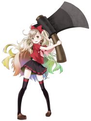 Rule 34 | 1girl, axe, black thighhighs, blonde hair, bow, hair bow, huge weapon, itto na kataomoi minoraseta chiisa na shiawase (vocaloid), long hair, looking at viewer, mayu (vocaloid), open mouth, pleated skirt, school uniform, serafuku, simple background, skirt, smile, solo, thighhighs, vocaloid, weapon, wogura, zettai ryouiki