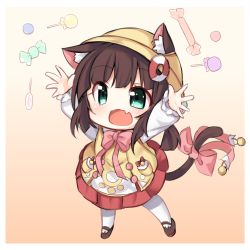 Rule 34 | 1girl, absurdres, animal ear fluff, animal ears, arms up, azur lane, bell, brown footwear, brown hair, candy, cat ears, cat girl, cat tail, chibi, child, fang, food, full body, green eyes, hat, highres, jingle bell, kinomiki nobori, lollipop, low twintails, mutsuki (azur lane), mutsuki (retrofit) (azur lane), open mouth, pantyhose, red skirt, ribbon, shirt, shoes, short hair, short twintails, skirt, smile, solo, tail, tail ornament, tail ribbon, twintails, white pantyhose, white shirt, yellow hat, yellow shirt