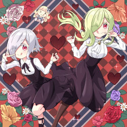 Rule 34 | 2girls, black dress, black nails, blonde hair, blush, breasts, closed mouth, dress, finger to mouth, flower, grey hair, hair over one eye, heart, jashin-chan dropkick, large breasts, long hair, looking at viewer, mother and daughter, multiple girls, mumyou ishi, nail polish, one eye closed, persephone (jashin-chan dropkick), persephone ii, ponytail, red eyes, rose, short hair, small breasts, smile, tongue, tongue out, wink