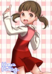 Rule 34 | 1girl, :d, artist name, blush, brown eyes, brown hair, child, doujima nanako, dress, hair ribbon, hands up, highres, index finger raised, looking at viewer, open mouth, persona, persona 4, pink background, pink dress, plaid, plaid background, puddinghomhom, red dress, ribbon, shirt, short twintails, smile, solo, standing, twintails, white background, white shirt