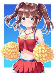 Rule 34 | 1girl, bare shoulders, blue background, blush, breasts, brown eyes, brown hair, cheerleader, closed mouth, commentary request, crop top, hair ribbon, highres, holding, idolmaster, idolmaster cinderella girls, long hair, midriff, navel, ogata chieri, pleated skirt, pom pom (cheerleading), red skirt, red tank top, ribbon, sidelocks, skirt, small breasts, smile, solo, striped ribbon, tank top, twintails, two-tone background, u2 (5798239), white background