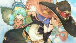 Rule 34 | + +, 2girls, animal print, atelier (series), atelier shallie, blush, breasts, broom, broom riding, brown eyes, cat print, choker, cleavage, cloud, day, female focus, flying, game cg, green eyes, green hair, hat, hat with ears, hidari (left side), lens flare, looking at another, medium breasts, multiple girls, official art, open mouth, pink hair, plaid, plaid skirt, pleated skirt, shallotte elminus, skirt, smile, sparkling eyes, wilbell voll-ersleid, witch, witch hat