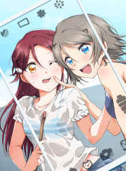 Rule 34 | 2girls, :d, absurdres, bikini, bikini under clothes, blue eyes, day, fake screenshot, finger to another&#039;s cheek, grey hair, hair ornament, hairclip, highres, holding, holding mop, long hair, looking at viewer, love live!, love live! sunshine!!, mop, multiple girls, one eye closed, open mouth, outdoors, red hair, sakurauchi riko, shirt, short hair, short sleeves, smile, swimsuit, taking picture, upper body, watanabe you, wet, white shirt, yellow eyes, yuchi (salmon-1000)