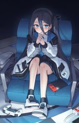 Rule 34 | 1girl, absurdres, aris (blue archive), armchair, black hair, black skirt, black socks, blue archive, blue necktie, blush, chair, closed mouth, collared shirt, commentary request, controller, eyebrows hidden by hair, game controller, goback, hair between eyes, hands up, highres, jacket, long sleeves, looking at viewer, necktie, nintendo switch, on chair, one side up, open clothes, open jacket, own hands together, pleated skirt, puffy long sleeves, puffy sleeves, shirt, shoe soles, shoes, skirt, smile, socks, solo, white footwear, white jacket, white shirt