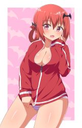 Rule 34 | 1girl, blush, bottomless, breasts, cleavage, fang, gabriel dropout, highres, long hair, looking at viewer, nyaroon, open mouth, panties, purple eyes, red hair, satanichia kurumizawa mcdowell, solo, striped clothes, striped panties, track suit, underwear