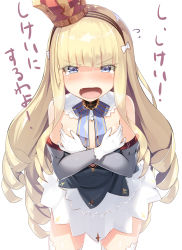 Rule 34 | 1girl, azur lane, blonde hair, blue eyes, blush, bow, breasts, clothes pull, commentary request, covering privates, covering breasts, cowboy shot, crown, detached sleeves, dress, dress pull, drill hair, embarrassed, fang, flying sweatdrops, hair bow, highres, leaning forward, long hair, looking at viewer, meth (emethmeth), motion lines, no bra, open mouth, queen elizabeth (azur lane), simple background, small breasts, solo, standing, tearing up, thighhighs, translated, very long hair, white background, white bow, white thighhighs