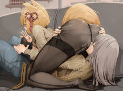 Rule 34 | 2girls, 69, animal ears, ass, ass grab, bad anatomy, blonde hair, borrowed character, breasts, character request, commentary, couch, denim, english commentary, erection, erection under clothes, closed eyes, futa with female, futanari, genek, girl on top, grey legwear, hair ornament, jeans, long hair, multiple girls, on couch, open fly, original, pants, pantyhose, penis grab, red eyes, reversed foot, ribbed sweater, seamed legwear, short hair, sideboob, silver hair, smelling, spread ass, sweater, thighband pantyhose
