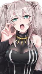 1girl, animal ear fluff, animal ears, black jacket, breasts, claw pose, cleavage, commentary, ear clip, fangs, fingernails, fur-trimmed jacket, fur trim, gold necklace, green eyes, grey hair, hand up, highres, hololive, jacket, jewelry, kie (yospcd), large breasts, lion ears, long hair, looking at viewer, necklace, off-shoulder jacket, open mouth, see-through, shirt, shishiro botan, simple background, sleeveless, sleeveless shirt, solo, twintails, underbust, upper body, virtual youtuber, white background, white stripes