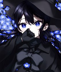 Rule 34 | 1girl, black bow, black capelet, black gloves, black hair, black hat, black shirt, blue eyes, blue flower, bow, capelet, commentary request, covered mouth, flower, gloves, hair between eyes, hand up, hat, holding, holding flower, long hair, long sleeves, looking at viewer, lying, on back, original, shirt, solo, upper body, witch hat, yamabukiiro