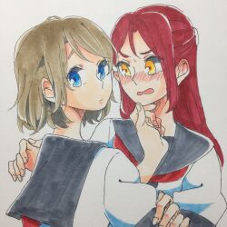 Rule 34 | 2girls, blue eyes, blush, brown hair, closed mouth, commentary request, grey sailor collar, hair ornament, hairclip, half updo, hand on another&#039;s arm, hand on another&#039;s chin, highres, kashikaze, long hair, looking at viewer, love live!, love live! sunshine!!, multiple girls, neckerchief, open mouth, puffy short sleeves, puffy sleeves, red hair, red neckerchief, sailor collar, sakurauchi riko, school uniform, serafuku, shirt, short hair, short sleeves, sidelocks, simple background, single sidelock, sweatdrop, traditional media, upper body, uranohoshi school uniform, watanabe you, white background, white shirt, yellow eyes, yuri