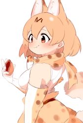 Rule 34 | animal ears, blouse, eating, food, gloves, hair between eyes, highres, holding, holding food, kemono friends, otoma (matoi0603), scarf, serval, serval (kemono friends), serval print, shirt, simple background, solo, white background, white shirt