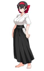 Rule 34 | 1girl, barefoot, black hair, black skirt, bow, closed mouth, dougi, frown, full body, girls und panzer, girls und panzer ribbon no musha, hair bow, hakama, hakama short skirt, hakama skirt, half-closed eyes, japanese clothes, long sleeves, looking at viewer, mimuni362, mole, mole under eye, red bow, red eyes, shirt, short hair, short sleeves, simple background, skirt, solo, standing, tsuruki shizuka, white background, white shirt