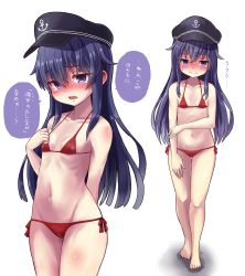 1girl, akatsuki (kancolle), alternate costume, anchor symbol, bare arms, bare legs, bare shoulders, barefoot, bikini, blush, breasts, collarbone, commentary request, embarrassed, eyebrows visible through hair, flat cap, full body, groin, hair between eyes, hat, highres, kantai collection, long hair, micro bikini, open mouth, purple eyes, purple hair, red bikini, ribs, side-tie bikini, simple background, skinny, small breasts, standing, string bikini, sweatdrop, swimsuit, tearing up, translation request, unagiman, white background
