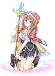 Rule 34 | 1girl, alt (ctrldel), atelier (series), atelier rorona, atelier totori, blue eyes, blush, boots, bracelet, breasts, brown hair, cape, cleavage, corset, female focus, hat, highres, jewelry, knee boots, kneeling, long hair, looking at viewer, necklace, rororina fryxell, shirt, sitting, skirt, smile, solo, staff