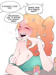 Rule 34 | 1girl, 1other, alcohol, blush, breasts, can, closed eyes, creatures (company), drunk, english text, flashing, game freak, hair ornament, highres, kinjero, nail polish, nintendo, nipple slip, nipples, open mouth, orange hair, pokemon, pokemon swsh, public indecency, public nudity, self-upload, smile, sonia (pokemon), speech bubble, squeans, tank top