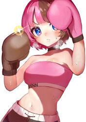 Rule 34 | 1girl, absurdres, bandeau, bare shoulders, blue eyes, blush, boxing gloves, boxing shorts, breasts, breath, brown choker, brown hair, choker, clothes writing, crocodile (965dilia), frown, highres, looking at viewer, medium breasts, multicolored hair, navel, pink bandeau, pink hair, short hair, shorts, simple background, solo, sparkle, split-color hair, stance, stomach, strapless, sweat, tachibana hinano (vtuber), tube top, two-tone hair, virtual youtuber, vspo!, white background