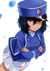 Rule 34 | 10s, 1girl, andou (girls und panzer), bc freedom (emblem), bc freedom military uniform, black hair, blue hat, blue jacket, blue vest, brown eyes, closed mouth, commentary request, crossed arms, dark-skinned female, dark skin, emblem, from above, girls und panzer, girls und panzer saishuushou, gomashi (goma), hat, high collar, jacket, long hair, long sleeves, looking at viewer, military, military uniform, miniskirt, pleated skirt, shako cap, shirt, simple background, skirt, smile, solo, standing, uniform, vest, white background, white shirt, white skirt