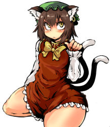 Rule 34 | 1girl, animal ears, bad id, bad pixiv id, blush, breasts, brown hair, cat ears, cat tail, chen, earrings, hat, hosoi kouzou, jewelry, multiple tails, nekomata, red eyes, short hair, simple background, solo, tail, touhou, two tails, white background
