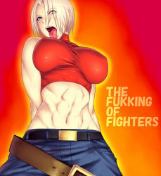 Rule 34 | 1girl, abs, ahegao, arms behind back, bare shoulders, belt, blonde hair, blue eyes, blue mary, breasts, english text, engrish text, fatal fury, female focus, halterneck, huge breasts, large breasts, midriff, muscular, navel, pants, profanity, ranguage, sawao, short hair, snk, solo, sweat, the king of fighters, tongue, tongue out