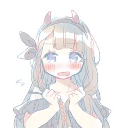 Rule 34 | 1girl, black bow, black hairband, black shirt, blonde hair, blue eyes, blush, bow, braided sidelock, cha ipride, collarbone, fake horns, frilled shirt, frills, hair bow, hairband, hands up, highres, holding, holding hair, horns, idoly pride, long bangs, long hair, looking at viewer, narumiya suzu, off-shoulder shirt, off shoulder, open mouth, own hands together, rectangular mouth, red horns, shirt, simple background, solo, straight-on, strap slip, upper body, white background