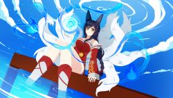 Rule 34 | 1girl, ahri (league of legends), animal ears, bare shoulders, black hair, breasts, cloud, collarbone, day, detached sleeves, energy ball, facial mark, fox ears, fox tail, korean clothes, large breasts, league of legends, long hair, looking at viewer, multiple tails, savi (byakushimc), sitting, slit pupils, solo, tail, water, whisker markings, yellow eyes