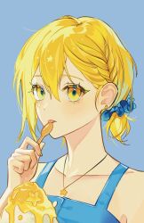 Rule 34 | 1girl, blonde hair, blue background, blue dress, blue scrunchie, braid, don quixote (project moon), dress, earrings, hair ornament, hair scrunchie, hand up, highres, holding, holding spoon, jewelry, limbus company, looking at viewer, necklace, project moon, scrunchie, short hair, simple background, solo, spoon, star (symbol), star earrings, star necklace, szztzzs, tongue, tongue out, yellow eyes, yellow nails