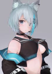 Rule 34 | 1girl, animal ear fluff, animal ears, animare, bare shoulders, black choker, black jacket, black shirt, blue eyes, blue hair, blush, breasts, choker, commentary, dog ears, grey background, hair ornament, hair over one eye, hairclip, highres, jacket, large breasts, looking at viewer, midriff, multicolored hair, nanashi inc., navel, off shoulder, open clothes, open jacket, open mouth, parted lips, rippootai, shirt, short hair, silver hair, simple background, sleeveless, solo, souya ichika, souya ichika (4th costume), two-tone hair, underboob, upper body, virtual youtuber, zipper pull tab