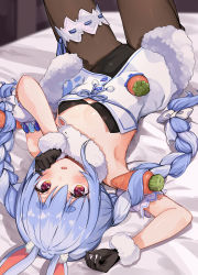 Rule 34 | 1girl, absurdres, animal ear fluff, animal ears, arm up, armpits, bed sheet, black gloves, black leotard, blue hair, blush, bow, braid, breasts, brown pantyhose, carrot hair ornament, commentary request, don-chan (usada pekora), dress, food-themed hair ornament, fur-trimmed dress, fur-trimmed gloves, fur trim, gloves, hair between eyes, hair bow, hair ornament, hand up, highres, hololive, knees up, leotard, long hair, lying, multicolored hair, on back, pantyhose, rabbit ears, racchi., red eyes, short eyebrows, small breasts, solo, strapless, strapless dress, strapless leotard, thick eyebrows, twin braids, twintails, two-tone hair, usada pekora, usada pekora (1st costume), very long hair, virtual youtuber, white bow, white dress, white hair
