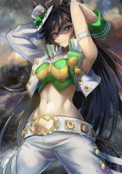 Rule 34 | 1girl, arm strap, armpits, arms up, black hair, blue eyes, bow, choker, commentary request, cowboy shot, crop top, green bow, green shirt, hat, hat bow, highres, long hair, long sleeves, looking at viewer, midriff, mini hat, mini top hat, mr. c.b. (umamusume), navel, pants, rain, shirt, single bare shoulder, single sleeve, smile, solo, solokov (okb-999), standing, stomach, strapless, strapless shirt, top hat, umamusume, very long hair, white hat, white pants, wrist cuffs